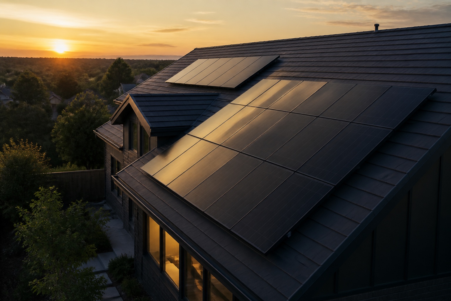Illustration of rooftop solar panels in warm evening light